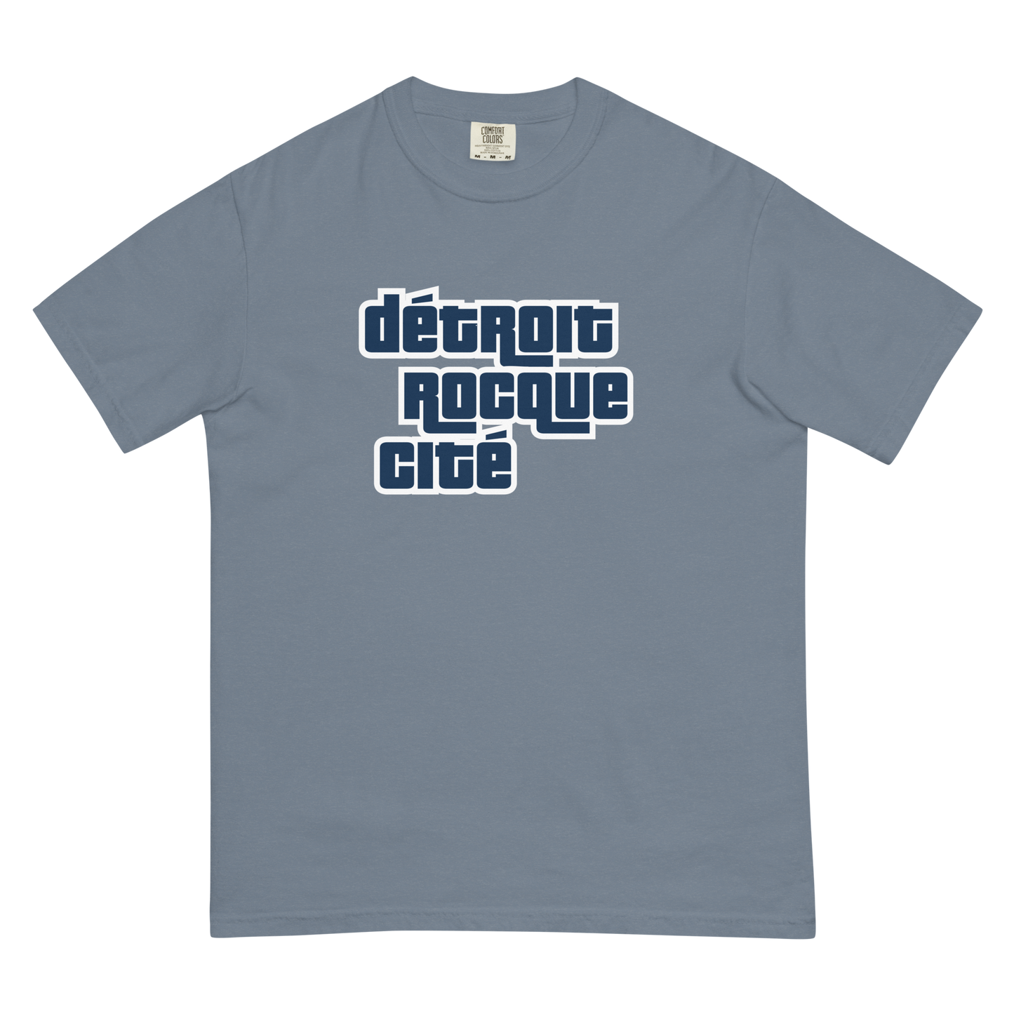 'Détroit Rocque Cité' Garment-Dyed T-Shirt (Automotive Crime Parody) | Navy/White Print