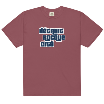 'Détroit Rocque Cité' Garment-Dyed T-Shirt (Automotive Crime Parody) | Navy/White Print