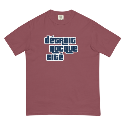 'Détroit Rocque Cité' Garment-Dyed T-Shirt (Automotive Crime Parody) | Navy/White Print