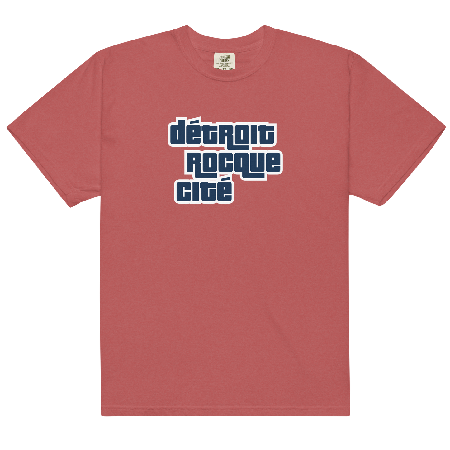 'Détroit Rocque Cité' Garment-Dyed T-Shirt (Automotive Crime Parody) | Navy/White Print