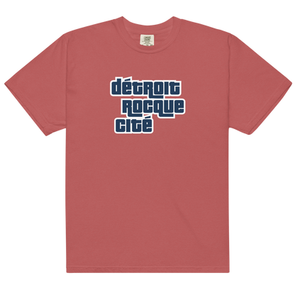 'Détroit Rocque Cité' Garment-Dyed T-Shirt (Automotive Crime Parody) | Navy/White Print