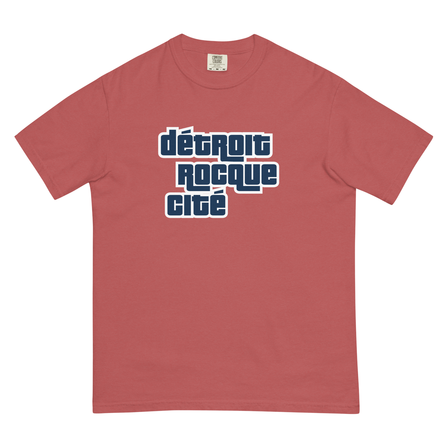 'Détroit Rocque Cité' Garment-Dyed T-Shirt (Automotive Crime Parody) | Navy/White Print