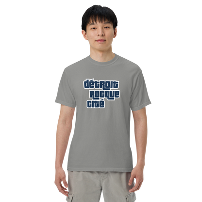 'Détroit Rocque Cité' Garment-Dyed T-Shirt (Automotive Crime Parody) | Navy/White Print