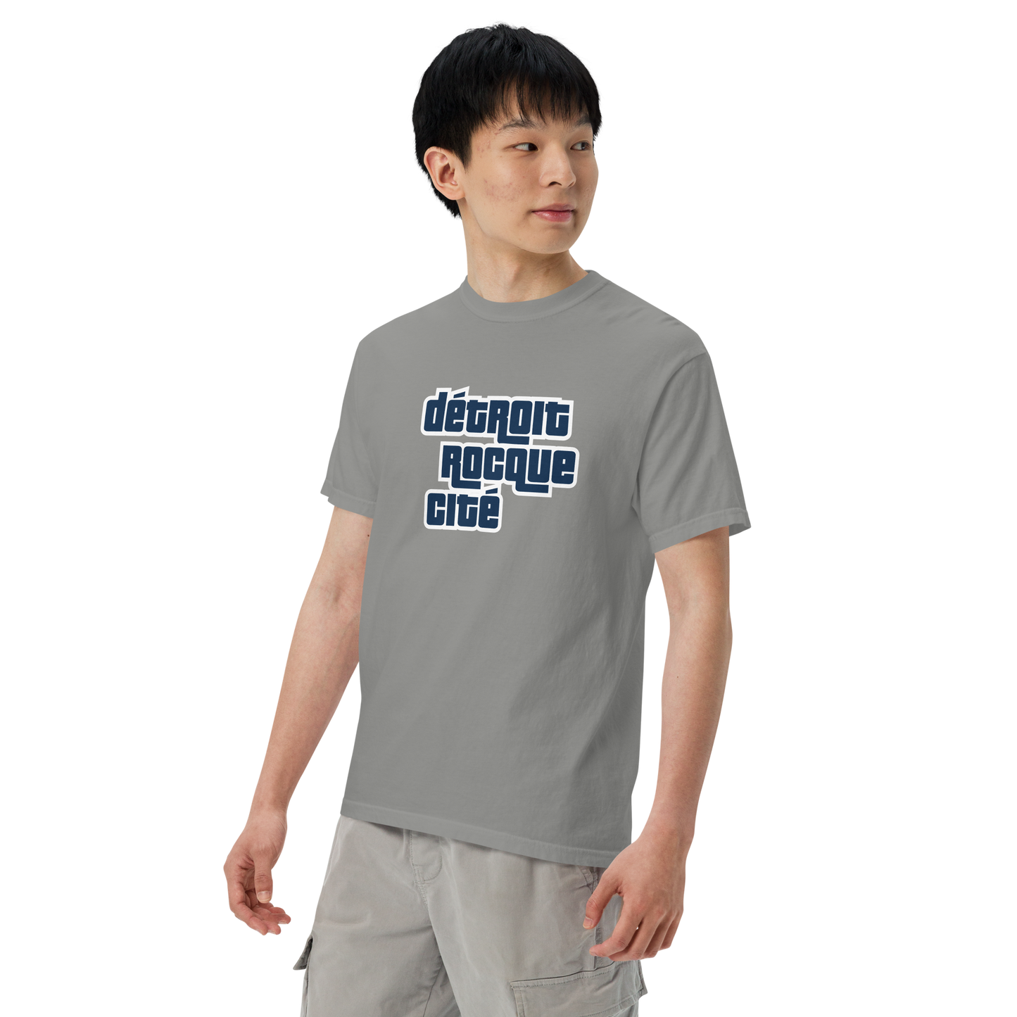 'Détroit Rocque Cité' Garment-Dyed T-Shirt (Automotive Crime Parody) | Navy/White Print