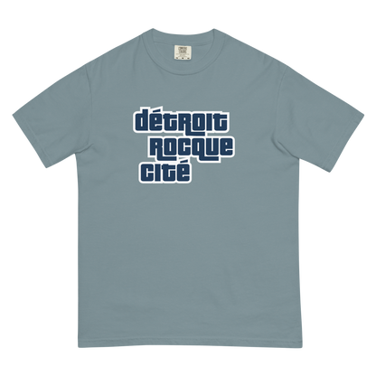 'Détroit Rocque Cité' Garment-Dyed T-Shirt (Automotive Crime Parody) | Navy/White Print