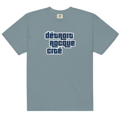 'Détroit Rocque Cité' Garment-Dyed T-Shirt (Automotive Crime Parody) | Navy/White Print