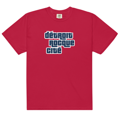 'Détroit Rocque Cité' Garment-Dyed T-Shirt (Automotive Crime Parody) | Navy/White Print