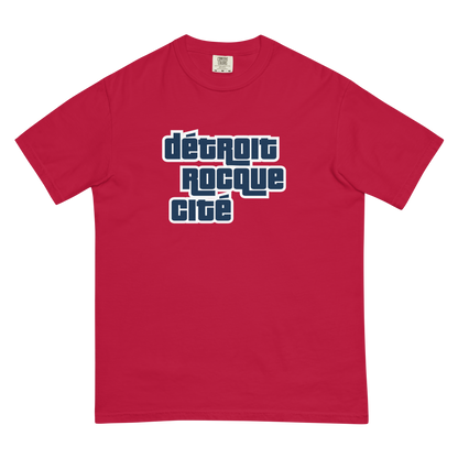 'Détroit Rocque Cité' Garment-Dyed T-Shirt (Automotive Crime Parody) | Navy/White Print