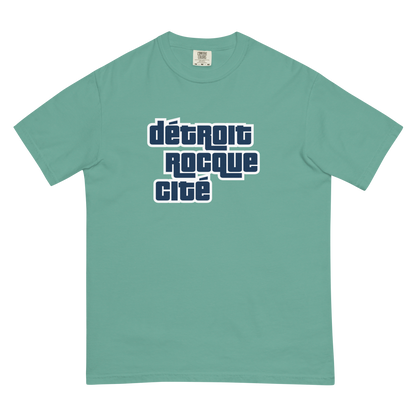 'Détroit Rocque Cité' Garment-Dyed T-Shirt (Automotive Crime Parody) | Navy/White Print