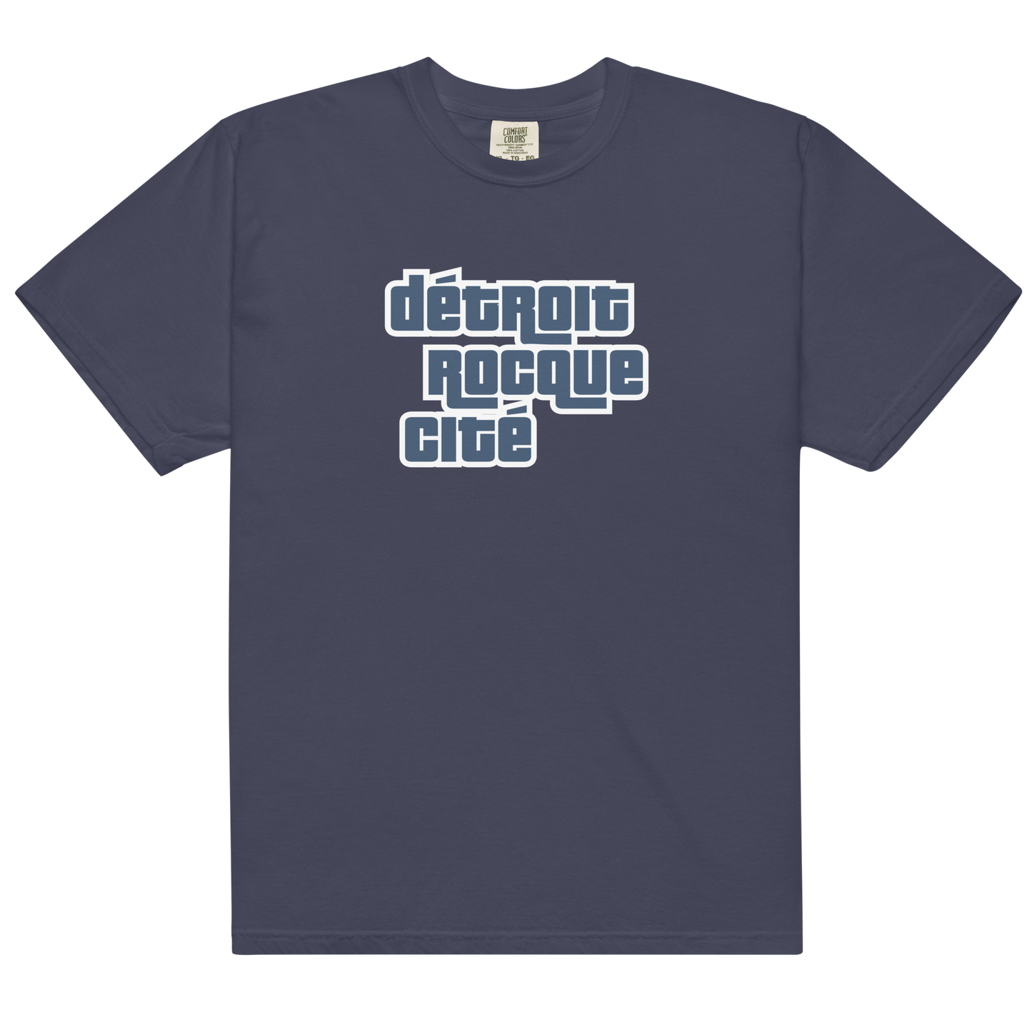 'Détroit Rocque Cité' Garment-Dyed T-Shirt (Automotive Crime Parody) | Navy/White Print