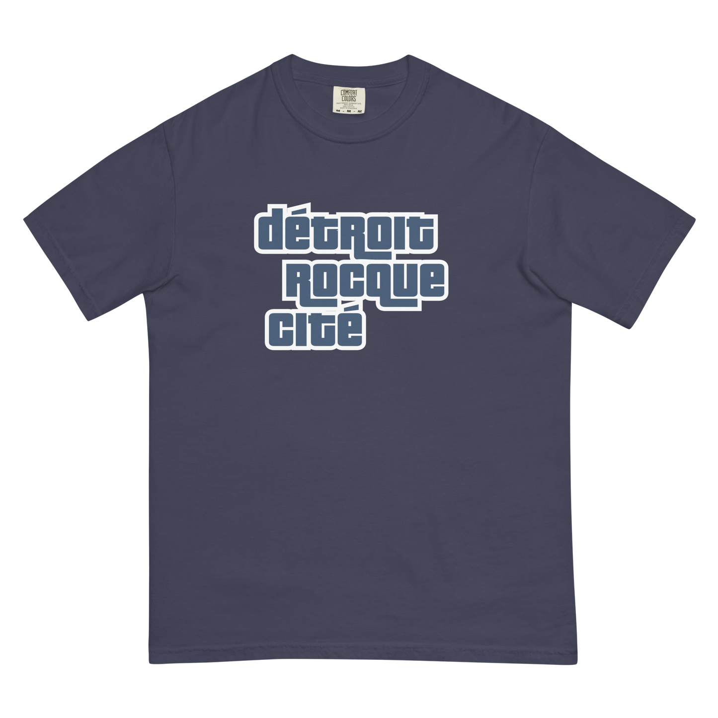 'Détroit Rocque Cité' Garment-Dyed T-Shirt (Automotive Crime Parody) | Navy/White Print