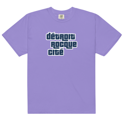 'Détroit Rocque Cité' Garment-Dyed T-Shirt (Automotive Crime Parody) | Navy/White Print