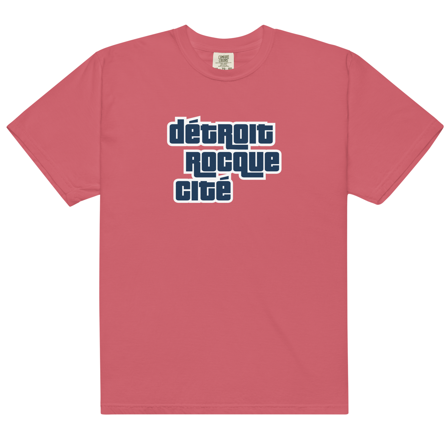 'Détroit Rocque Cité' Garment-Dyed T-Shirt (Automotive Crime Parody) | Navy/White Print