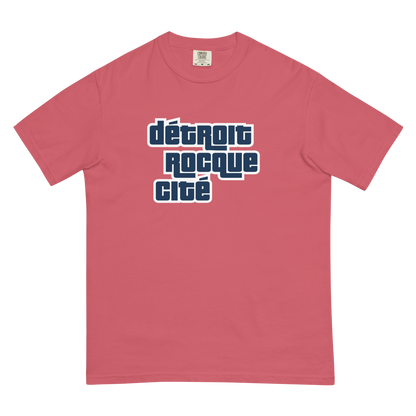 'Détroit Rocque Cité' Garment-Dyed T-Shirt (Automotive Crime Parody) | Navy/White Print