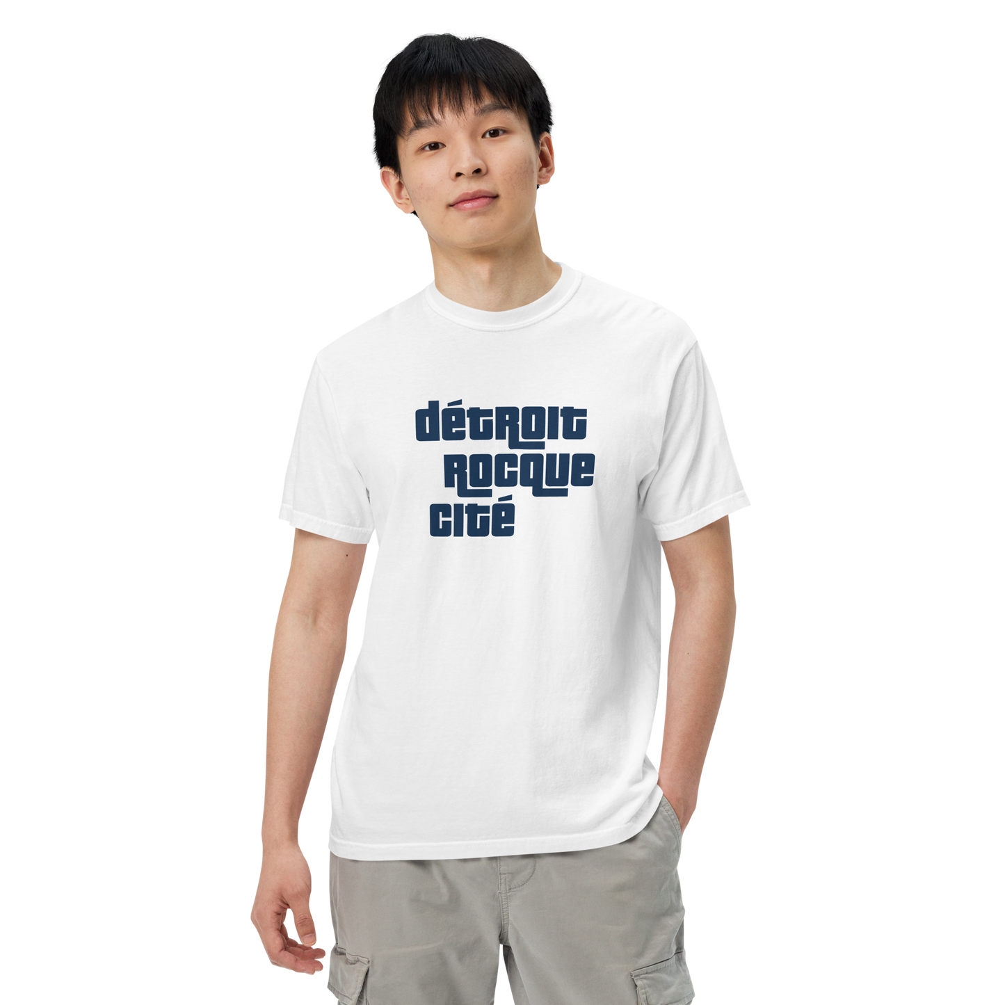 'Détroit Rocque Cité' Garment-Dyed T-Shirt (Automotive Crime Parody) | Navy/White Print