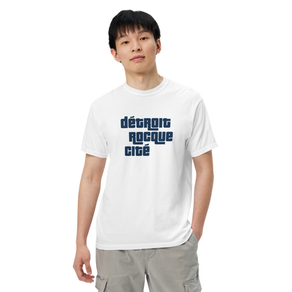 'Détroit Rocque Cité' Garment-Dyed T-Shirt (Automotive Crime Parody) | Navy/White Print