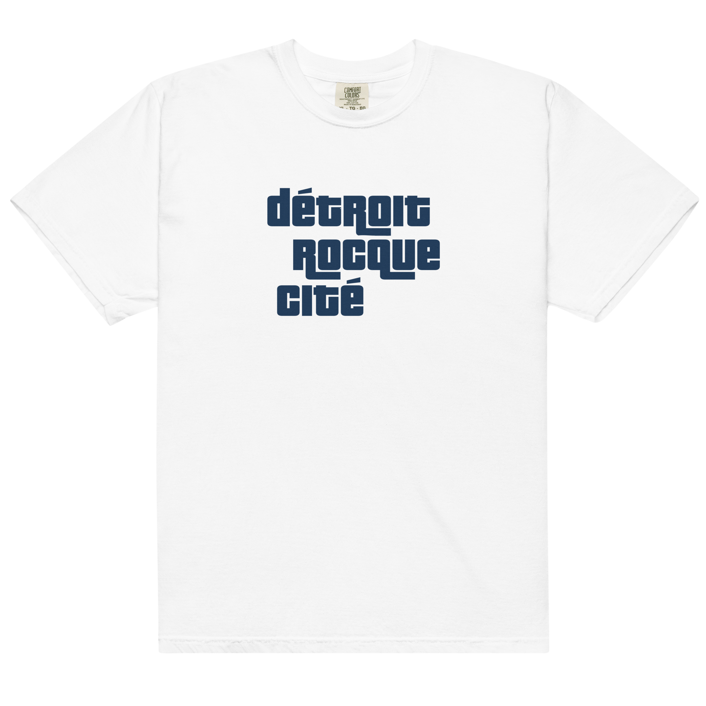 'Détroit Rocque Cité' Garment-Dyed T-Shirt (Automotive Crime Parody) | Navy/White Print