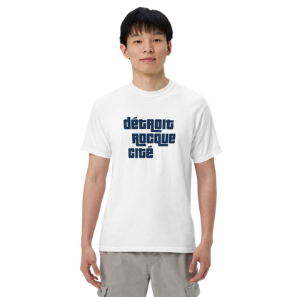 'Détroit Rocque Cité' Garment-Dyed T-Shirt (Automotive Crime Parody) | Navy/White Print