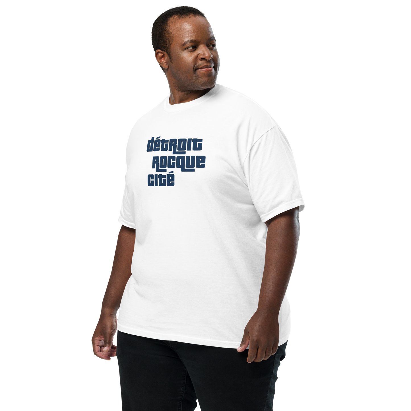 'Détroit Rocque Cité' Garment-Dyed T-Shirt (Automotive Crime Parody) | Navy/White Print