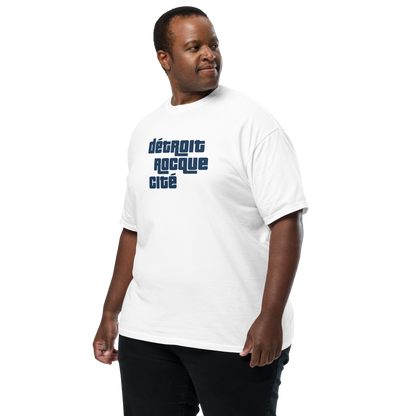 'Détroit Rocque Cité' Garment-Dyed T-Shirt (Automotive Crime Parody) | Navy/White Print