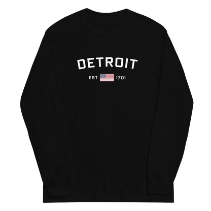 'Detroit EST 1701' T-Shirt (w/ USA Flag Outline) | Unisex Long Sleeve - Circumspice Michigan