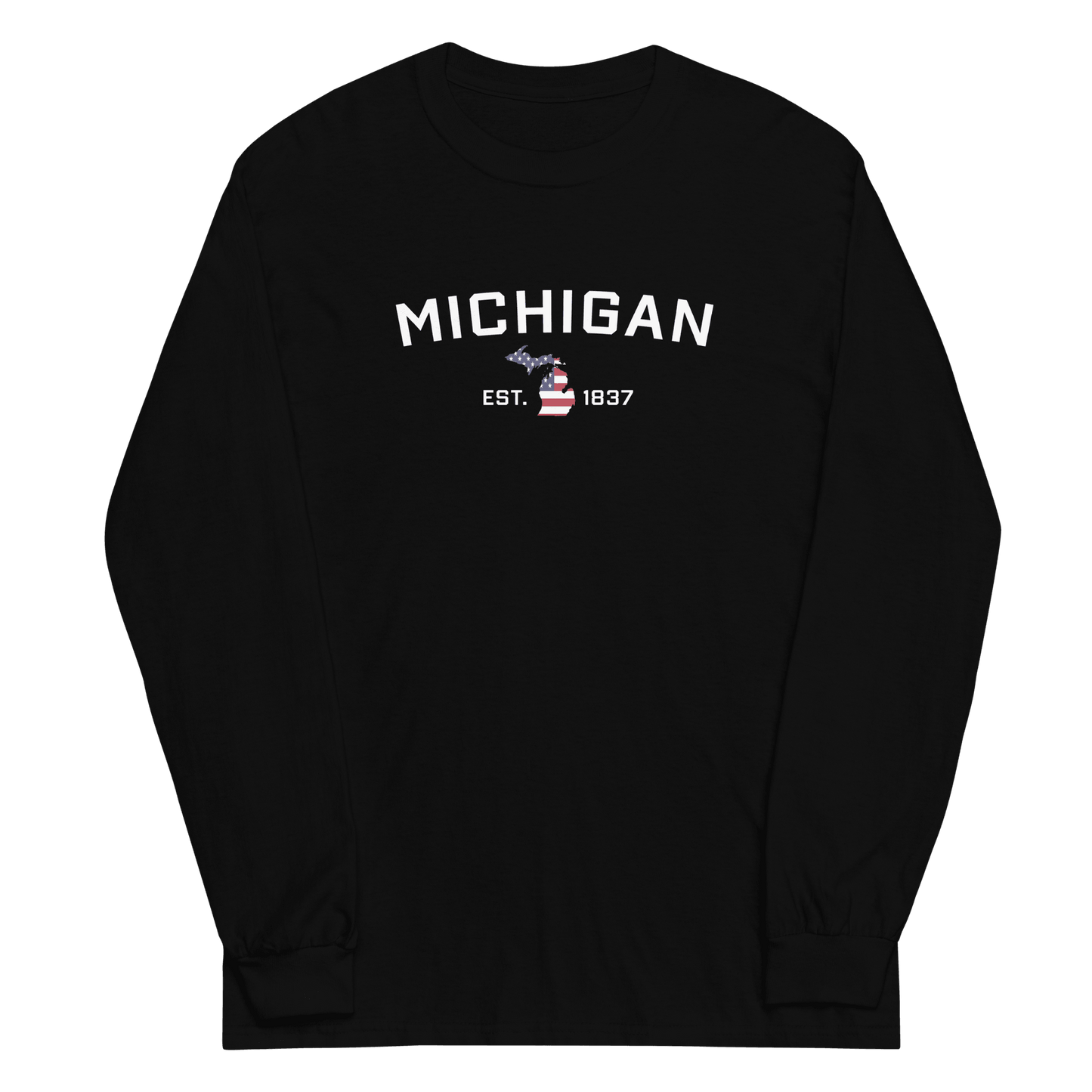 'Michigan EST 1837'  T-Shirt (w/ MI USA Flag Outline) | Unisex Long Sleeve - Circumspice Michigan