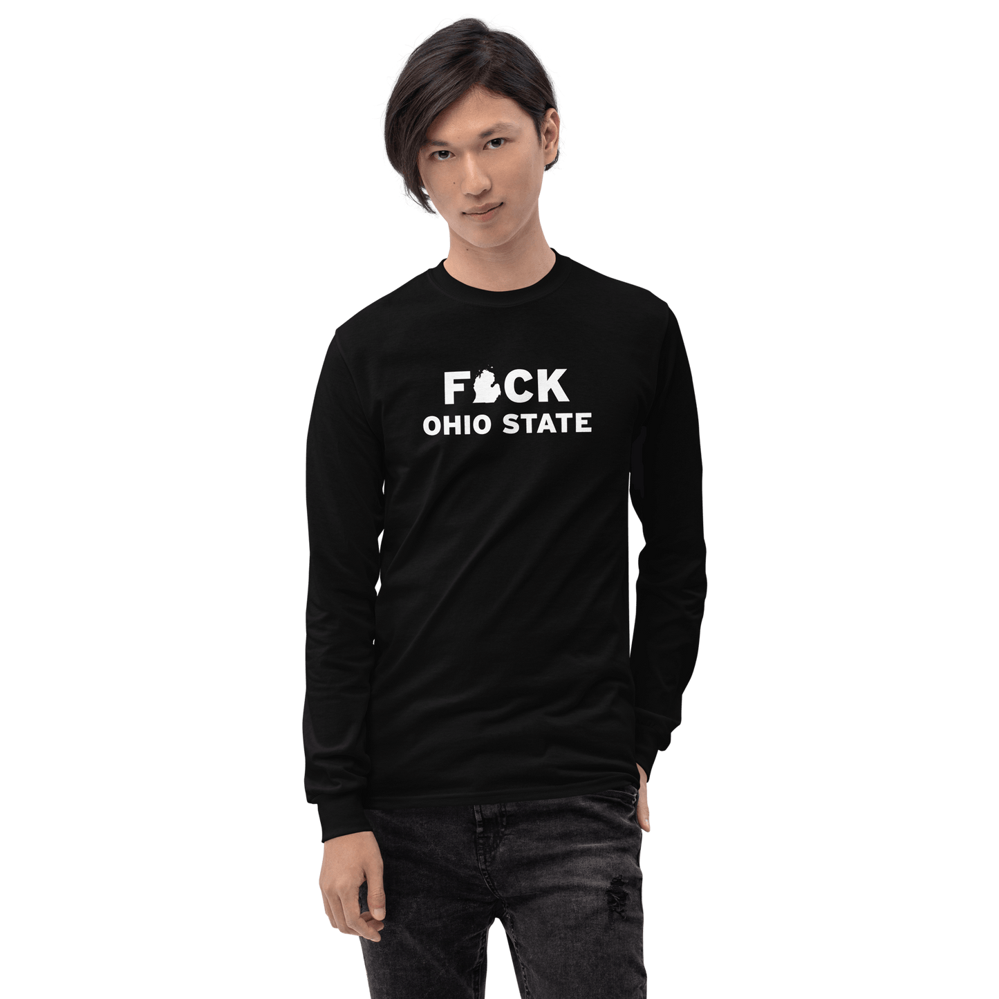 'F*ck Ohio State' T-Shirt (White/Navy Type w/ Lower Peninsula Outline ) | Unisex Long Sleeve - Circumspice Michigan