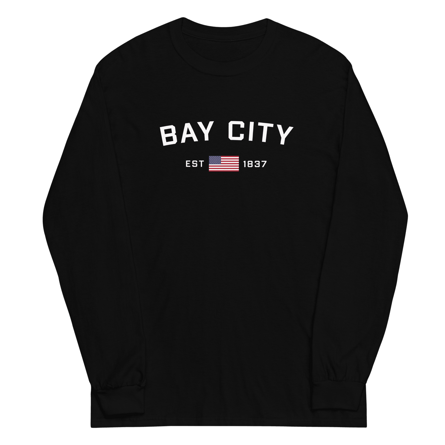 'Bay City EST 1837' T-Shirt (w/ USA Flag Outline) | Unisex Long Sleeve - Circumspice Michigan