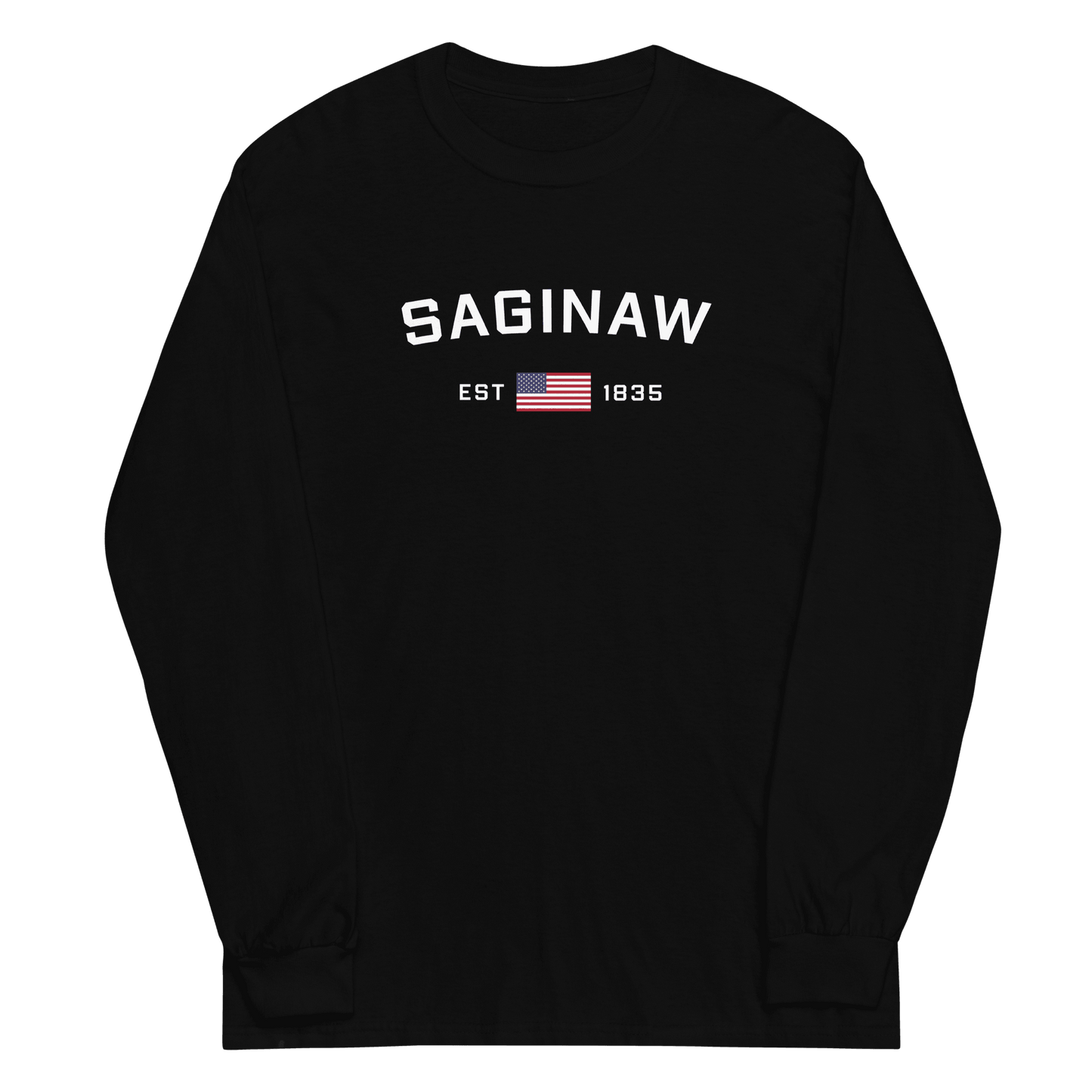 'Saginaw EST 1835' T-Shirt (w/USA Flag Outline) | Unisex Long Sleeve - Circumspice Michigan