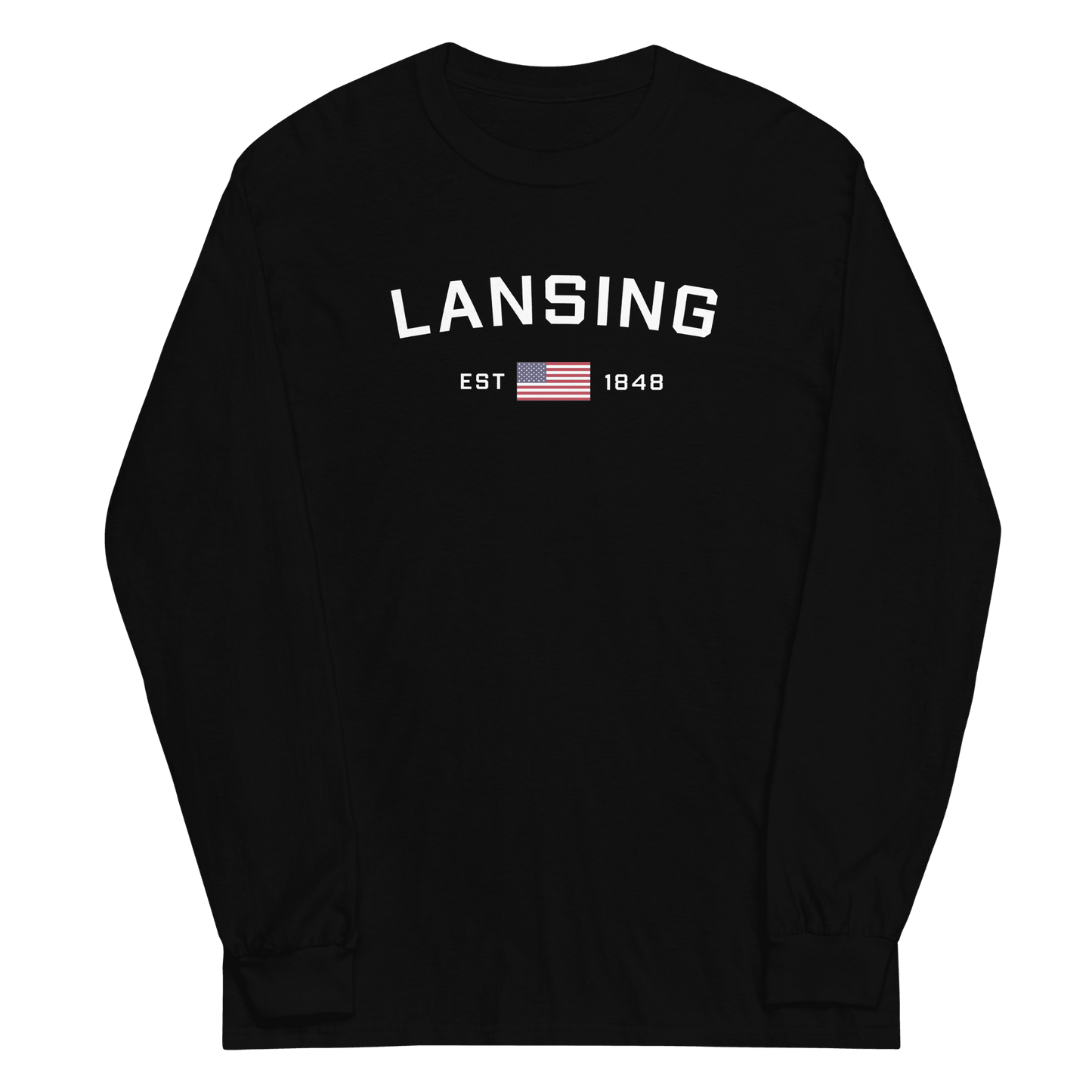 'Lansing EST 1848' T-Shirt (w/USA Flag Outline) | Unisex Long Sleeve - Circumspice Michigan