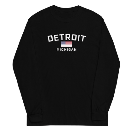 'Detroit Michigan' T-Shirt (w/USA Flag Outline) | Unisex Long Sleeve - Circumspice Michigan