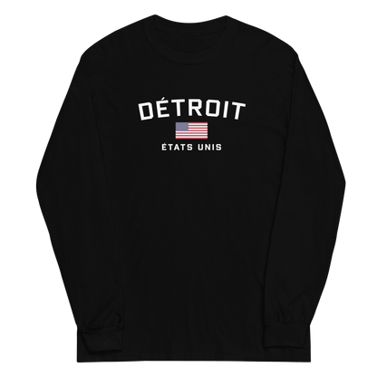 'Détroit États Unis' T-Shirt (w/USA Flag Outline) | Unisex Long Sleeve - Circumspice Michigan