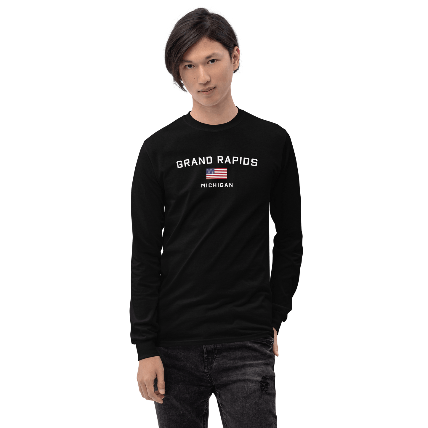 'Grand Rapids Michigan' T-Shirt (w/USA Flag Outline) | Unisex Long Sleeve - Circumspice Michigan