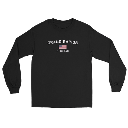 'Grand Rapids Michigan' T-Shirt (w/USA Flag Outline) | Unisex Long Sleeve - Circumspice Michigan