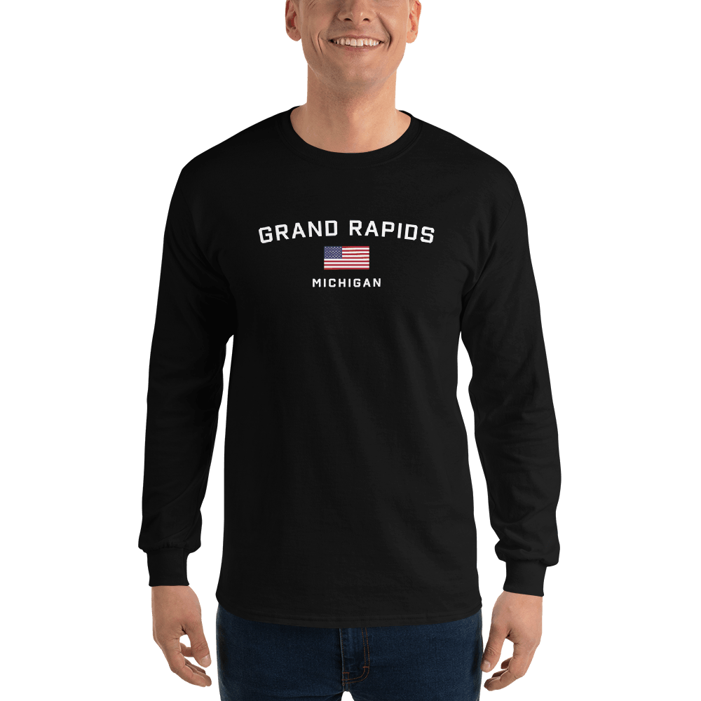 'Grand Rapids Michigan' T-Shirt (w/USA Flag Outline) | Unisex Long Sleeve - Circumspice Michigan