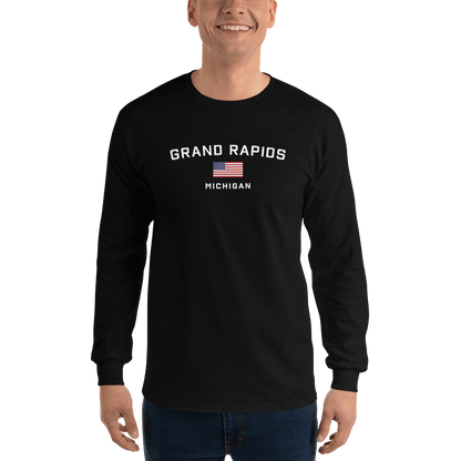 'Grand Rapids Michigan' T-Shirt (w/USA Flag Outline) | Unisex Long Sleeve - Circumspice Michigan