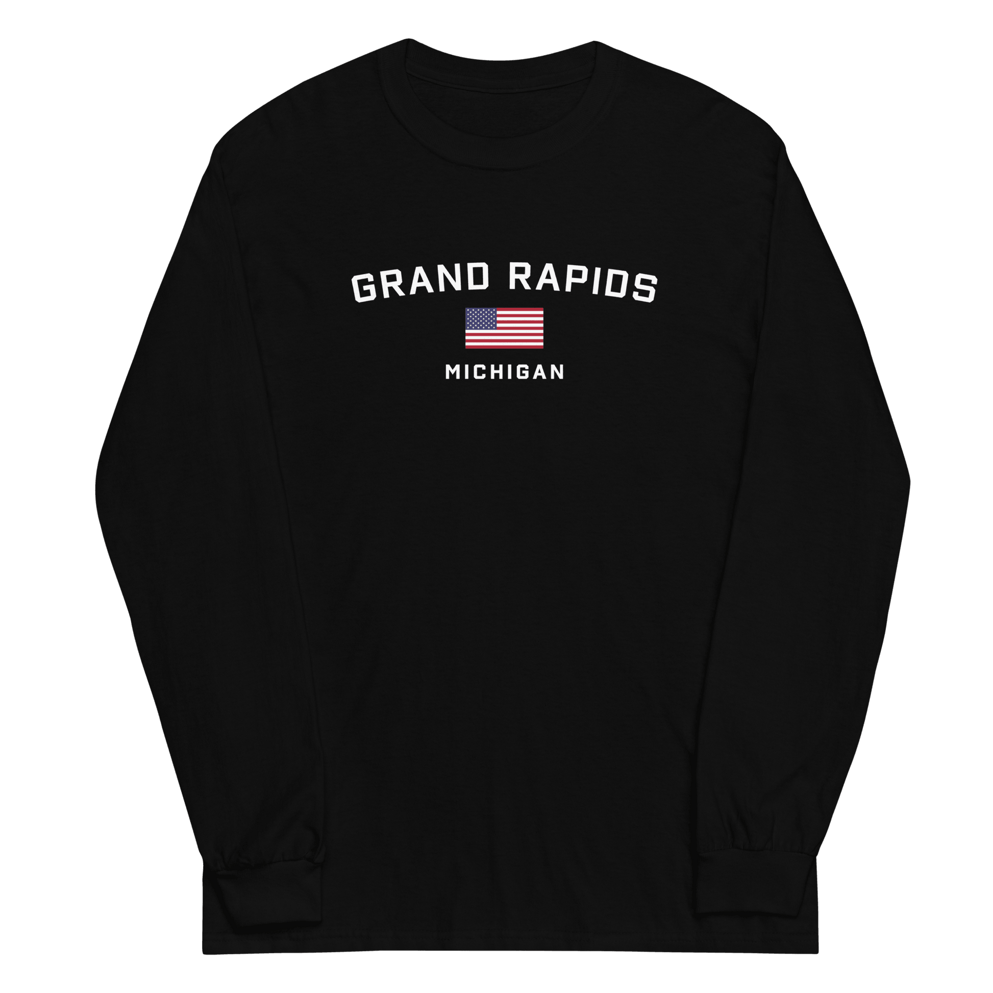 'Grand Rapids Michigan' T-Shirt (w/USA Flag Outline) | Unisex Long Sleeve - Circumspice Michigan