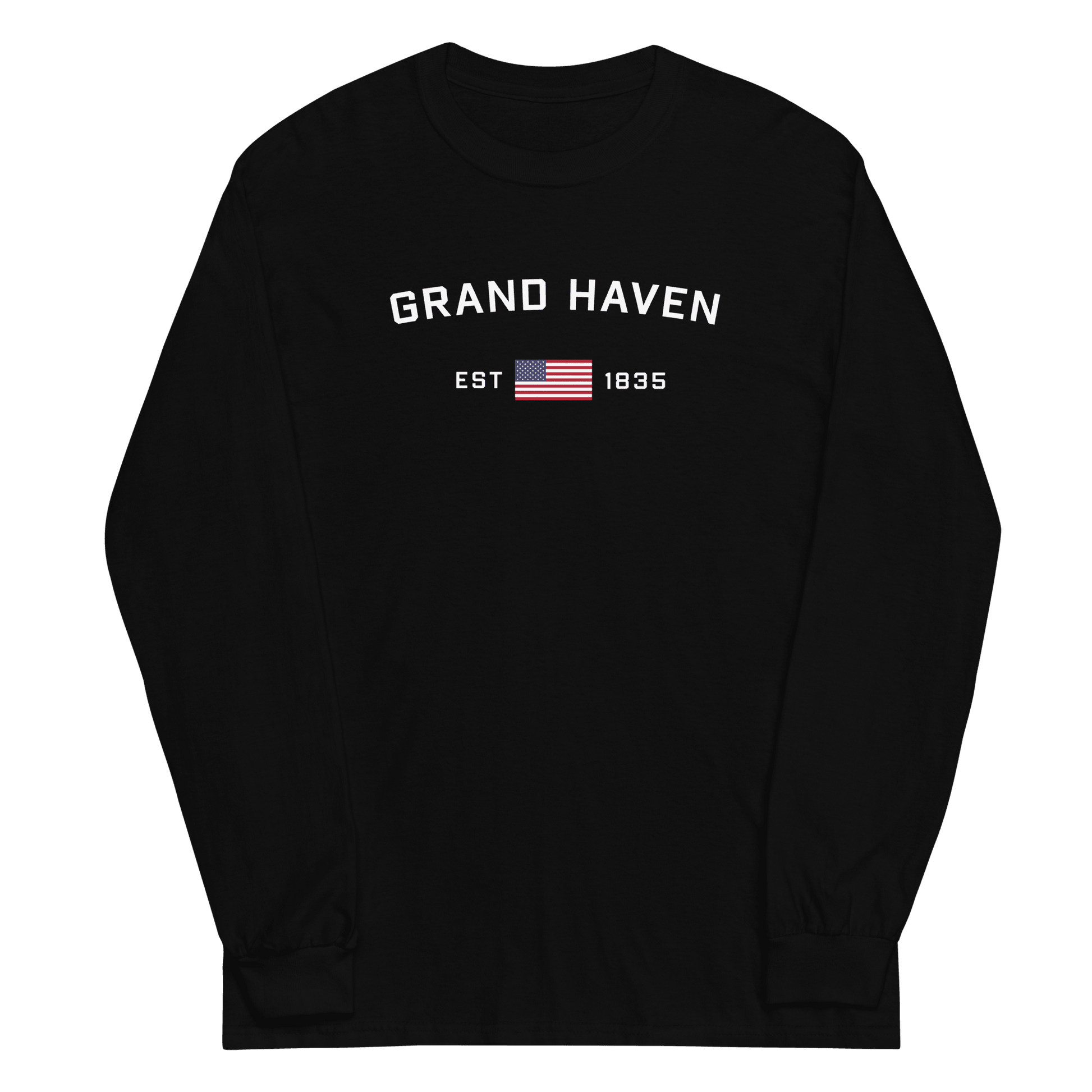 'Grand Haven EST 1835' T-Shirt (w/USA Flag Outline) | Unisex Long Sleeve - Circumspice Michigan