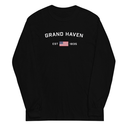 'Grand Haven EST 1835' T-Shirt (w/USA Flag Outline) | Unisex Long Sleeve - Circumspice Michigan