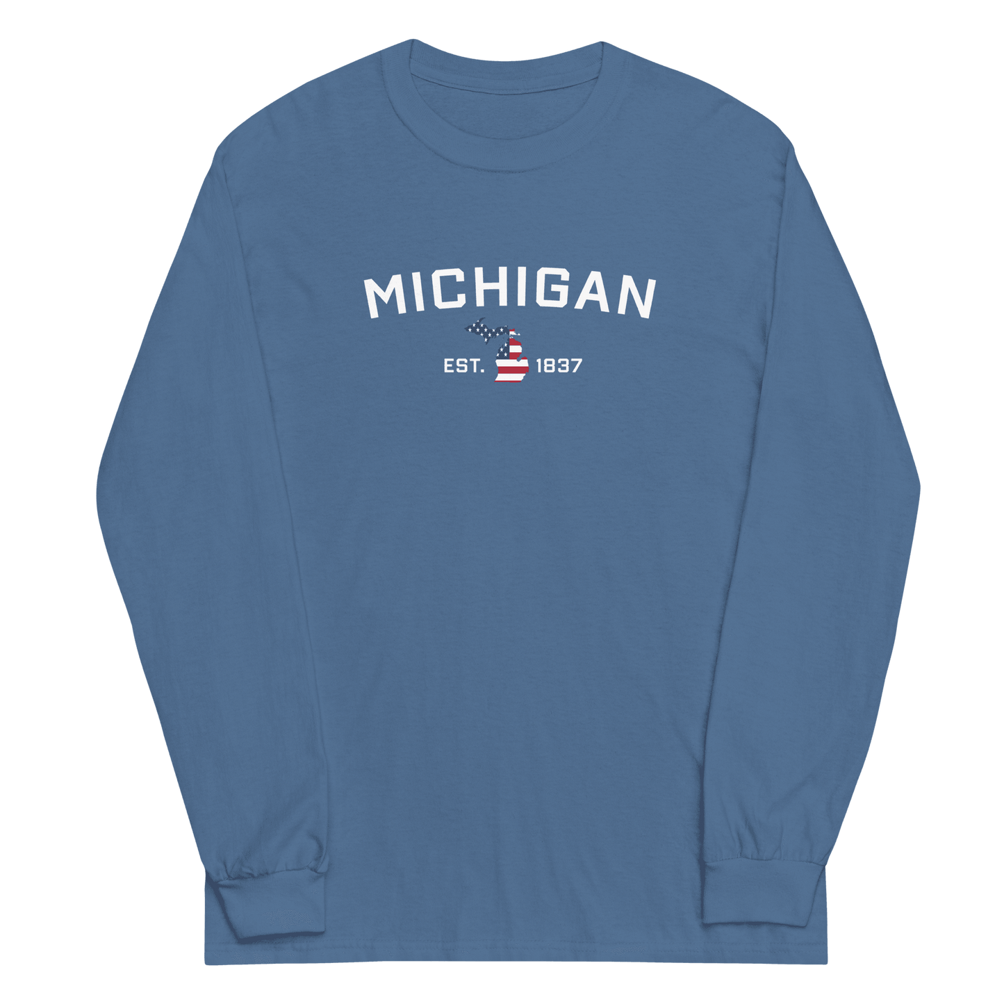 'Michigan EST 1837'  T-Shirt (w/ MI USA Flag Outline) | Unisex Long Sleeve - Circumspice Michigan