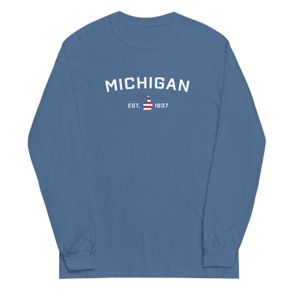 'Michigan EST 1837'  T-Shirt (w/ MI USA Flag Outline) | Unisex Long Sleeve - Circumspice Michigan