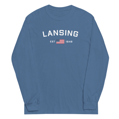 'Lansing EST 1848' T-Shirt (w/USA Flag Outline) | Unisex Long Sleeve - Circumspice Michigan