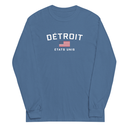 'Détroit États Unis' T-Shirt (w/USA Flag Outline) | Unisex Long Sleeve - Circumspice Michigan