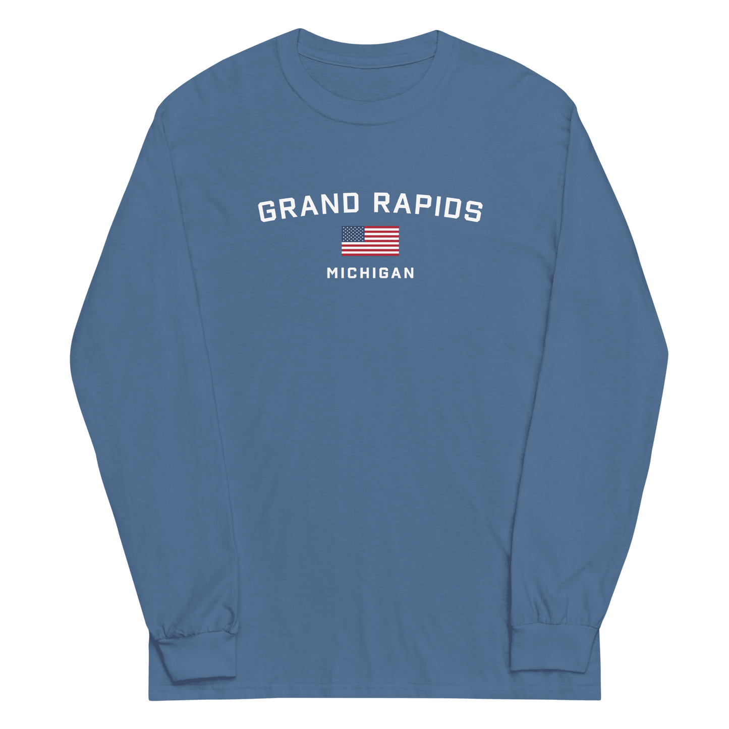 'Grand Rapids Michigan' T-Shirt (w/USA Flag Outline) | Unisex Long Sleeve - Circumspice Michigan