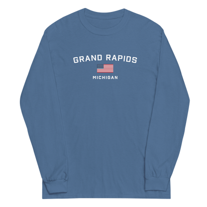 'Grand Rapids Michigan' T-Shirt (w/USA Flag Outline) | Unisex Long Sleeve - Circumspice Michigan