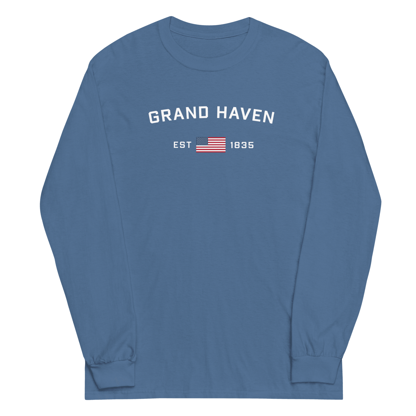 'Grand Haven EST 1835' T-Shirt (w/USA Flag Outline) | Unisex Long Sleeve - Circumspice Michigan