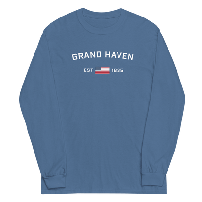 'Grand Haven EST 1835' T-Shirt (w/USA Flag Outline) | Unisex Long Sleeve - Circumspice Michigan