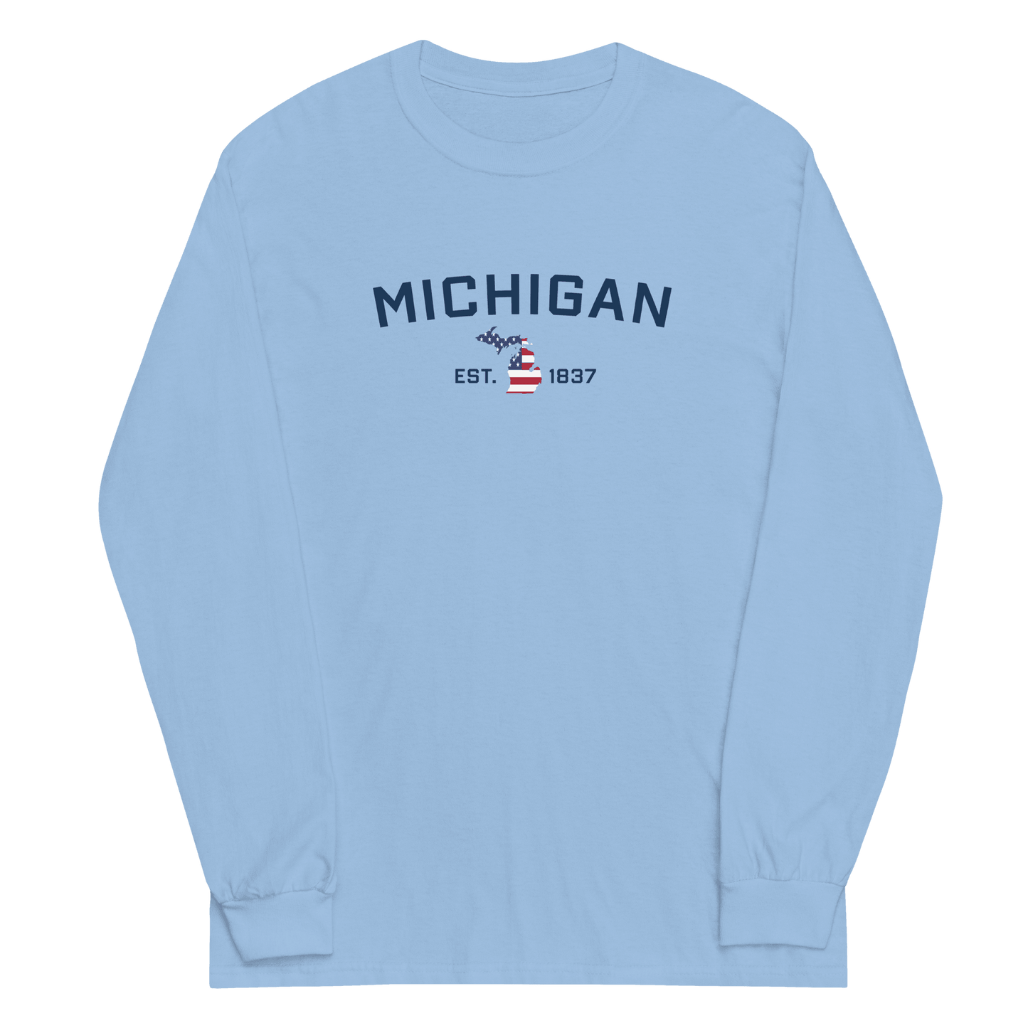 'Michigan EST 1837'  T-Shirt (w/ MI USA Flag Outline) | Unisex Long Sleeve - Circumspice Michigan