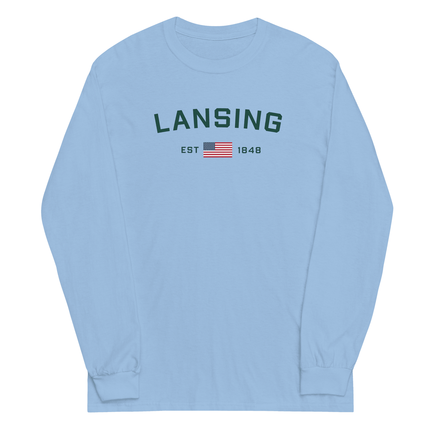 'Lansing EST 1848' T-Shirt (w/USA Flag Outline) | Unisex Long Sleeve - Circumspice Michigan