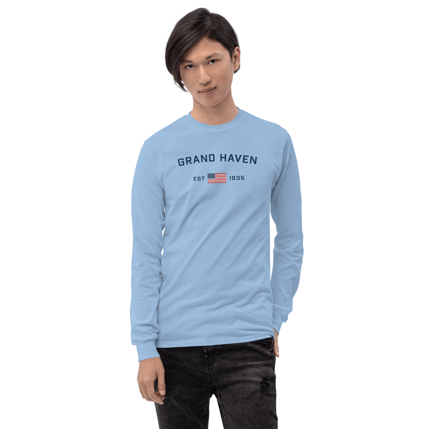 'Grand Haven EST 1835' T-Shirt (w/USA Flag Outline) | Unisex Long Sleeve - Circumspice Michigan